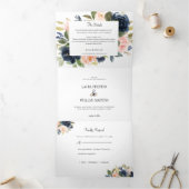 ネイビーブルー&赤面ピンクフローラズ結婚フォト 三つ折り招待状 (内部)