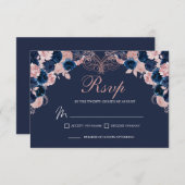 ネイビーブルー&赤面ピンクフローラRSVPエンクロージャカード 出欠カード (正面/裏面)