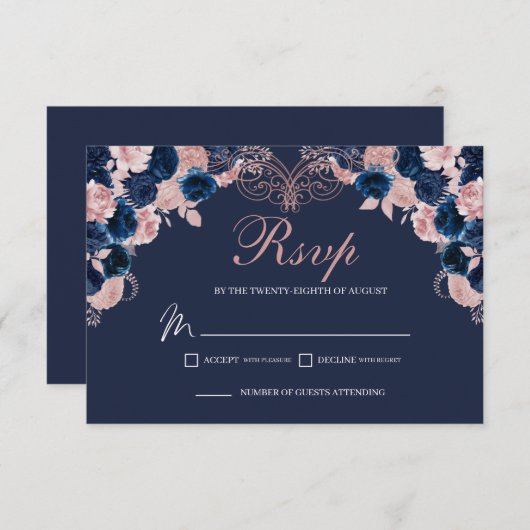ネイビーブルー&赤面ピンクフローラRSVPエンクロージャカード 出欠カード (正面/裏面)