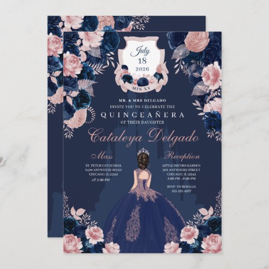 ネイビーブルー&赤面ピンクプリンセスキャッスルキンセアニラ 招待状 (正面/裏面)