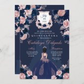 ネイビーブルー&赤面ピンクプリンセスキャッスルキンセアニラ 招待状 (正面/裏面)