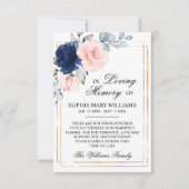 ネイビーブルー&赤面ピンクローズ悔やみや弔慰メモリ サンキューカード (正面)