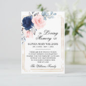 ネイビーブルー&赤面ピンクローズ悔やみや弔慰メモリ サンキューカード (スタンド正面)