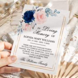 ネイビーブルー&赤面ピンクローズ悔やみや弔慰メモリ サンキューカード