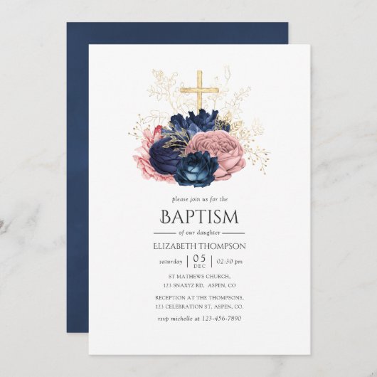 ネイビーブルー&赤面ピンクヴィンテージバラバプテスマ 招待状 (正面/裏面)