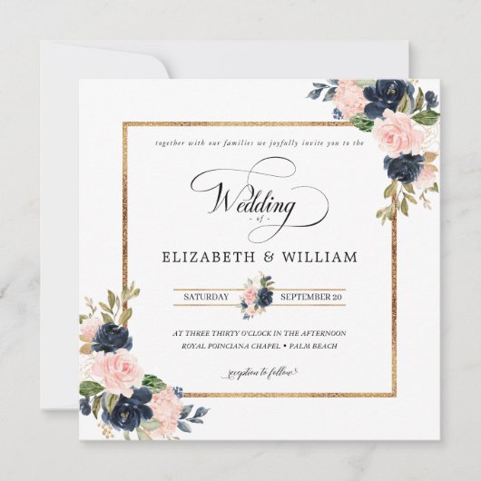 ネイビーブルー&赤面ピンク結婚フローラズスクエア 招待状 (正面)