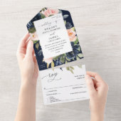 ネイビーブルー&赤面ピンク結婚フローラズ – ネイビー オールインワン招待状 (貼ってはがせる)