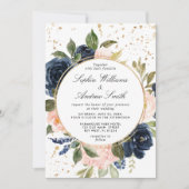 ネイビーブルー&赤面ピンク花リース結婚ズ 招待状 (正面)