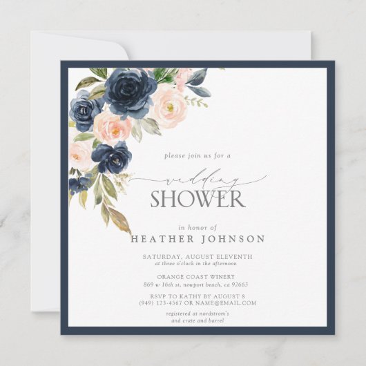 ネイビーブルー&赤面フローラ水彩ウェディングシャワー 招待状 (正面)