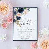 ネイビーブルー&赤面フローラ水彩ブライダルシャワー 招待状