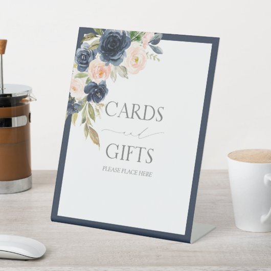 ネイビーブルー&赤面フローラ水色シャワーギフト 台座サイン (インサイチュ)