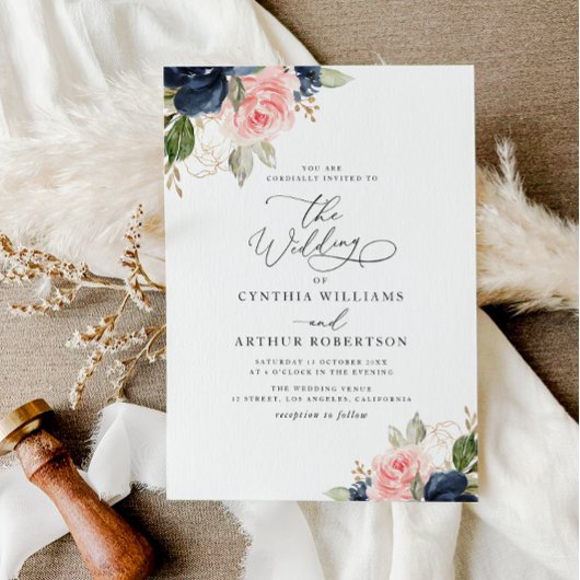 ネイビーブルー&赤面水彩フローラ結婚ズ 招待状