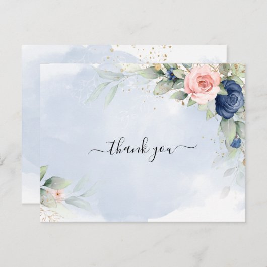 ネイビーブルー&赤面結婚ピンクサンキューカード 招待状 (正面/裏面)