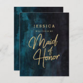 ネイビーブルー&金ゴールドが私のメイド・オブ・オーナー(花嫁付き添い人) 招待状 (正面/裏面)