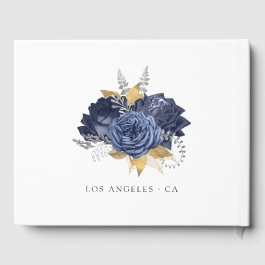 ネイビーブルー、金ゴールドとシルバー結婚フローラ ゲストブック (裏面)