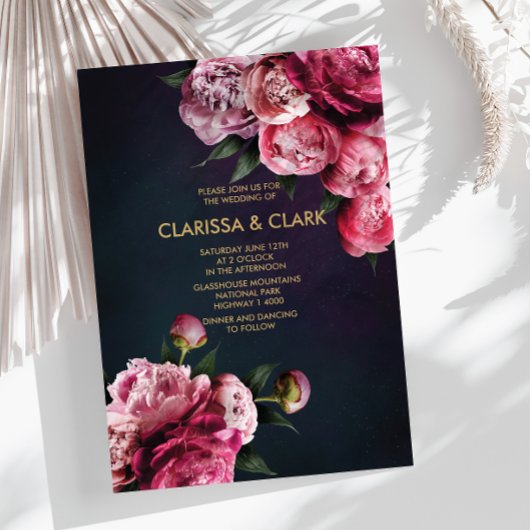 ネイビーブルー&金ゴールドとロマンチックな牡丹 招待状