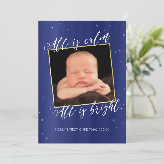 ネイビーブルー&金ゴールドの宗教クリスマス写真カード シーズンカード (スタンド正面)