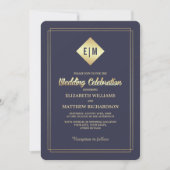 ネイビーブルー |金ゴールドの花結婚柄 招待状 (正面)