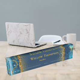 ネイビーブルー&金ゴールドアゲートゲードグリッター エレガント デスクネームプレート