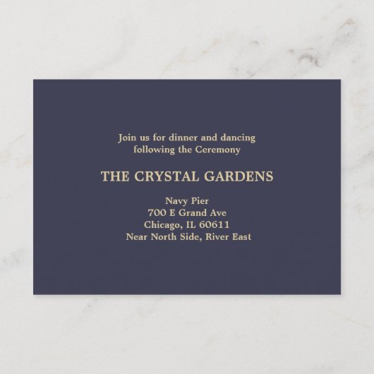 ネイビーブルー |金ゴールドウェディングレセプションカード エンクロージャーカード (裏面)