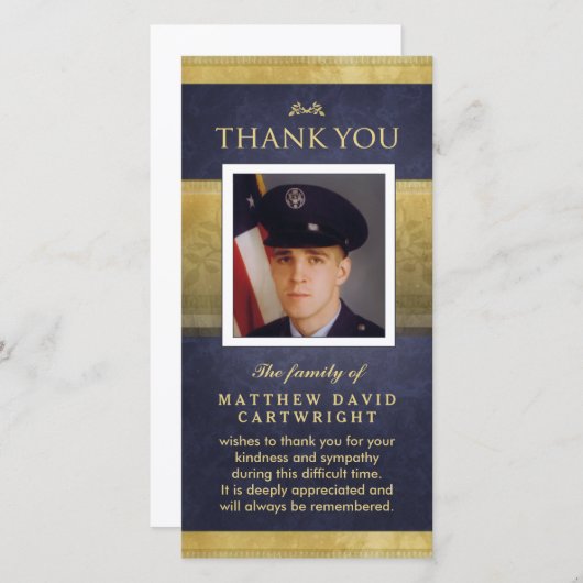 ネイビーブルー&金ゴールドエレガンスサンキューメモリアルカード サンキューカード (正面/裏面)