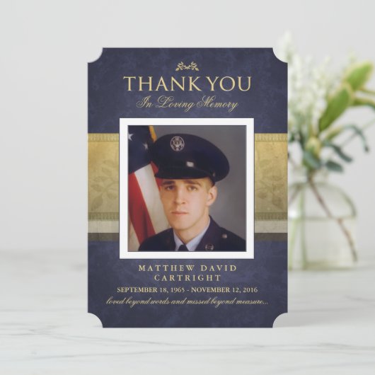 ネイビーブルー&金ゴールドエレガンスサンキューメモリアルカード 招待状 (スタンド正面)