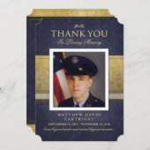 ネイビーブルー&金ゴールドエレガンスサンキューメモリアルカード 招待状 (正面/裏面)