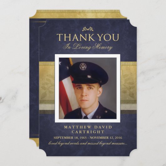 ネイビーブルー&金ゴールドエレガンスサンキューメモリアルカード 招待状 (正面/裏面)