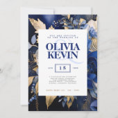 ネイビーブルー&金ゴールドエレガントなウェディングフローラ水色 招待状 (正面)