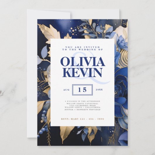 ネイビーブルー&金ゴールドエレガントなウェディングフローラ水色 招待状 (正面)
