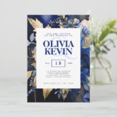 ネイビーブルー&金ゴールドエレガントなウェディングフローラ水色 招待状 (スタンド正面)