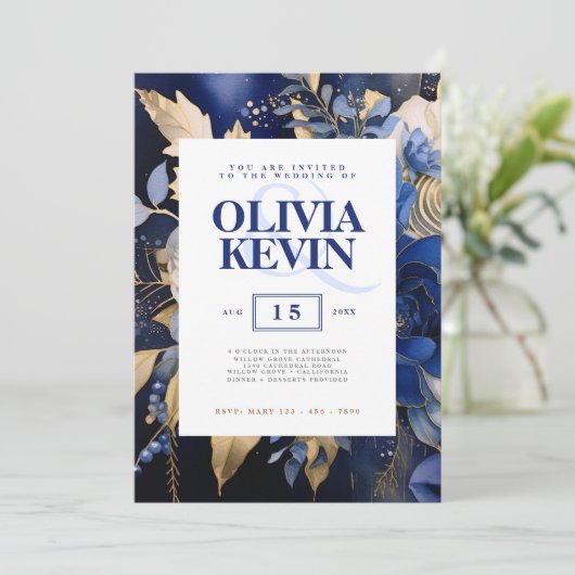 ネイビーブルー&金ゴールドエレガントなウェディングフローラ水色 招待状 (スタンド正面)