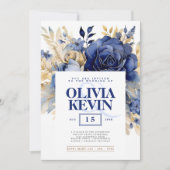 ネイビーブルー&金ゴールドエレガントなウェディングフローラ水色 招待状 (正面)
