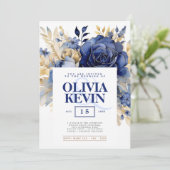 ネイビーブルー&金ゴールドエレガントなウェディングフローラ水色 招待状 (スタンド正面)