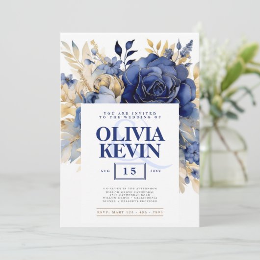 ネイビーブルー&金ゴールドエレガントなウェディングフローラ水色 招待状 (スタンド正面)