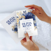 ネイビーブルー&金ゴールドエレガントなウェディングフローラ水色 招待状