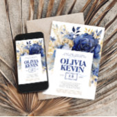 ネイビーブルー&金ゴールドエレガントなウェディングフローラ水色 招待状