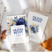 ネイビーブルー&金ゴールドエレガントなウェディングフローラ水色 招待状