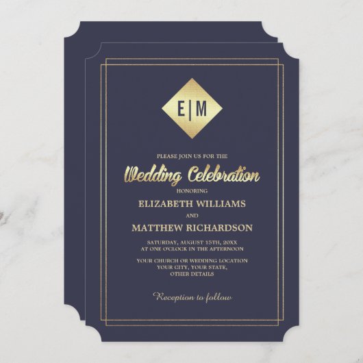 ネイビーブルー |金ゴールドエレガントな結婚式 招待状 (正面/裏面)