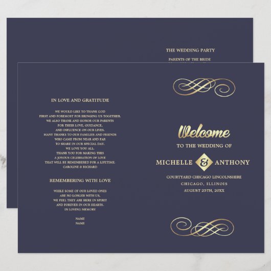 ネイビーブルー |金ゴールドエレガント折り曲げ結婚式 プログラム (正面/裏面)