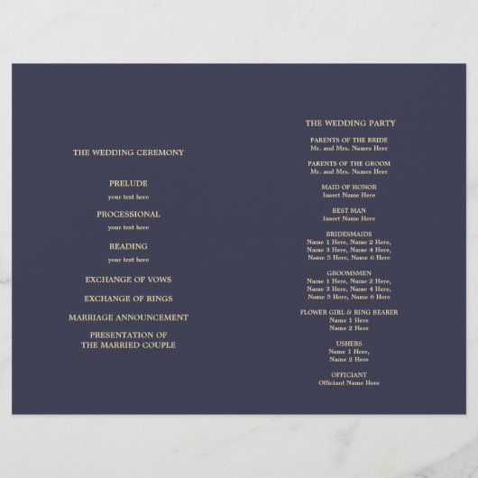 ネイビーブルー |金ゴールドエレガント折り曲げ結婚式 プログラム (裏面)