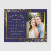 ネイビーブルー&金ゴールドカレン救ダー写真日付マグネット マグネット招待状 (正面)