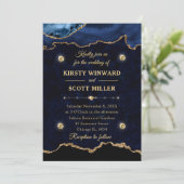 ネイビーブルー&金ゴールドグリッターアゲートマーブル結婚ズ 招待状 (スタンド正面)