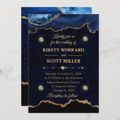 ネイビーブルー&金ゴールドグリッターアゲートマーブル結婚ズ 招待状 (正面/裏面)