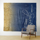 ネイビーブルー&金ゴールドグリッターピーコッ結婚クのカスタム タペストリー (インサイチュ(横))