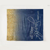 ネイビーブルー&金ゴールドグリッターピーコッ結婚クのカスタム タペストリー (正面(横))