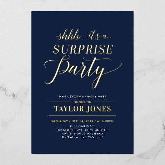 ネイビーブルー&金ゴールドサプライズマイルストーンバースデーパーティー 箔招待状 (正面)