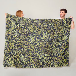 ネイビーブルー&金ゴールドシックラグジュアリーフローリッシュダークウィンター フリースブランケット