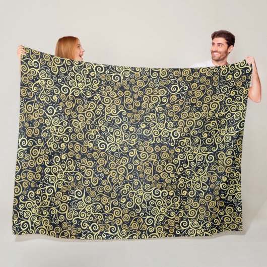 ネイビーブルー&金ゴールドシックラグジュアリーフローリッシュダークウィンター フリースブランケット (インサイチュ)