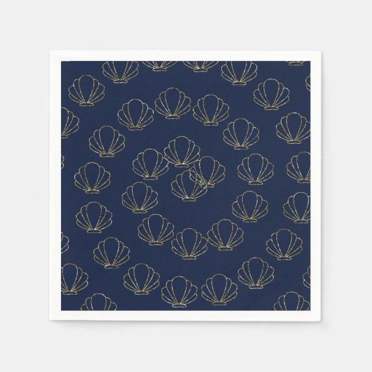 ネイビーブルー&金ゴールドシーシェルマーメイドブライダルシャワー スタンダードカクテルナプキン (正面)